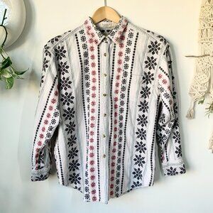 Vintage Woven Stripe Nordic Pattern Button Up Shirt Cottage Hertitage Folk Boho